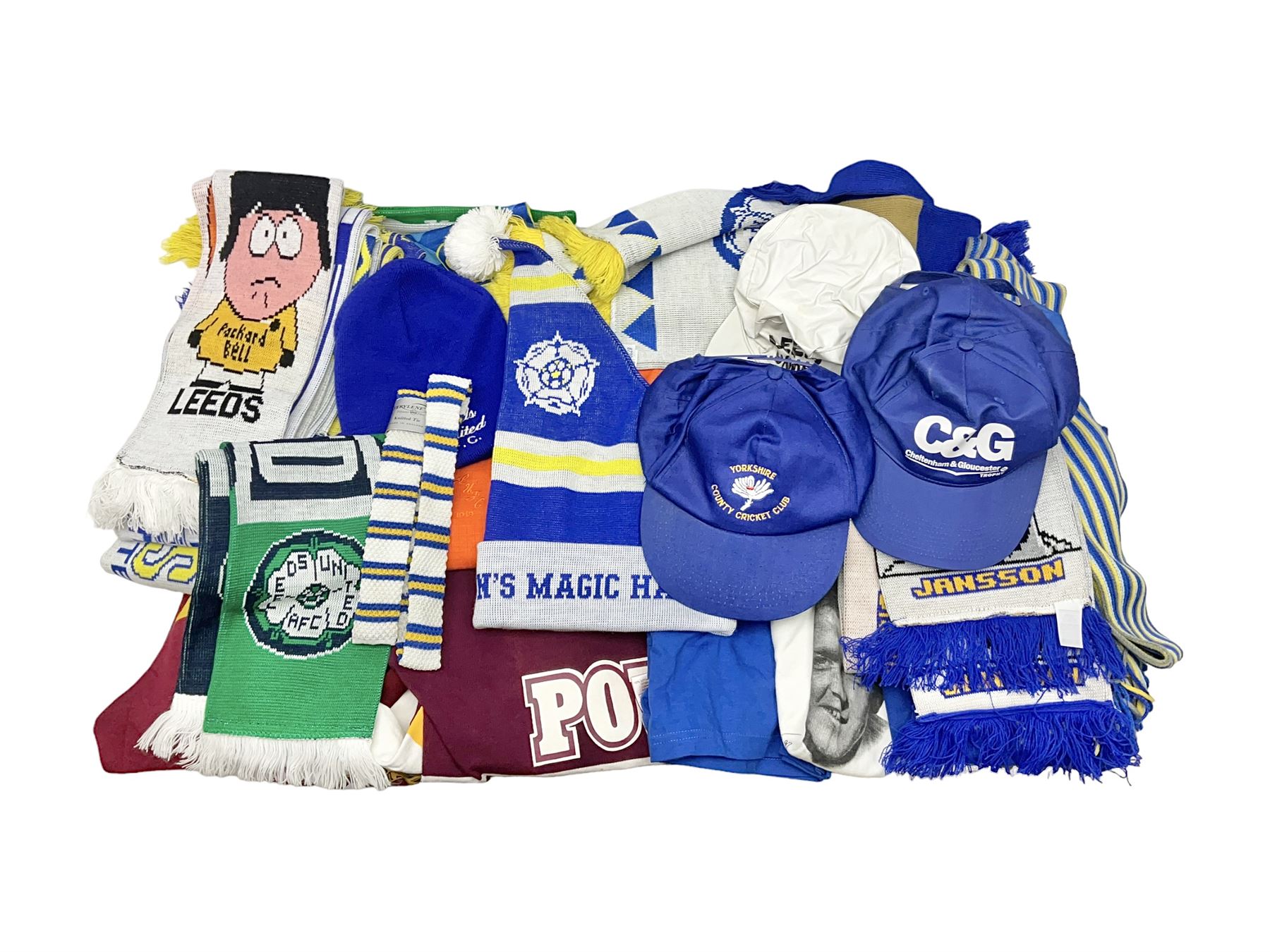 Collection of Leeds United scarves, hats and t-shirts, together with a Washington Redskins NFL sweatshirt and an Australian rugby league shirt