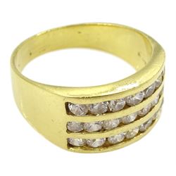 18ct gold three row channel set cubic zirconia ring, stamped 750
