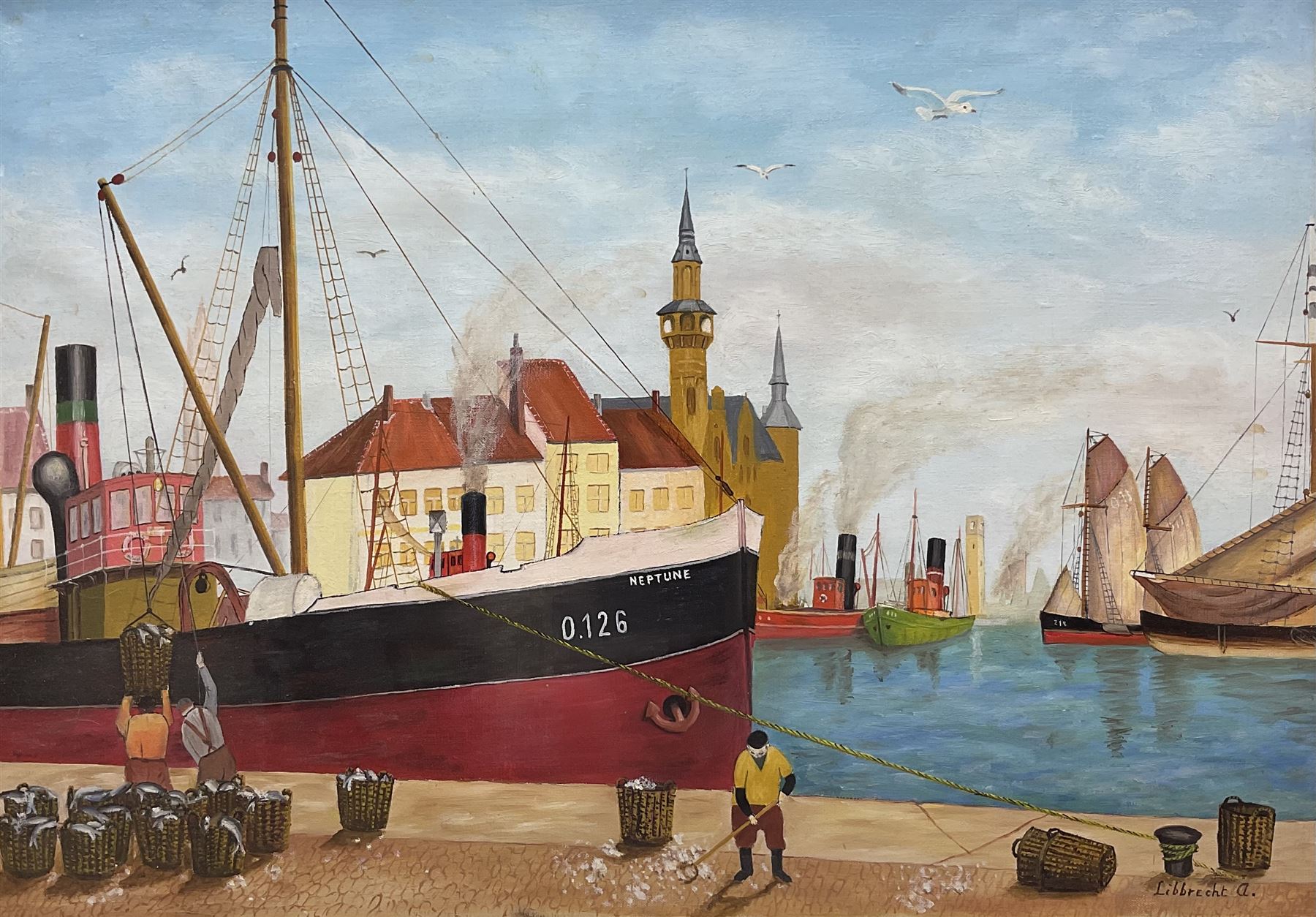 Libbrecht (Belgian Naïve School 20th century): 'Oostende', oil on canvas signed, titled and dated 1989 verso 48cm x 69cm