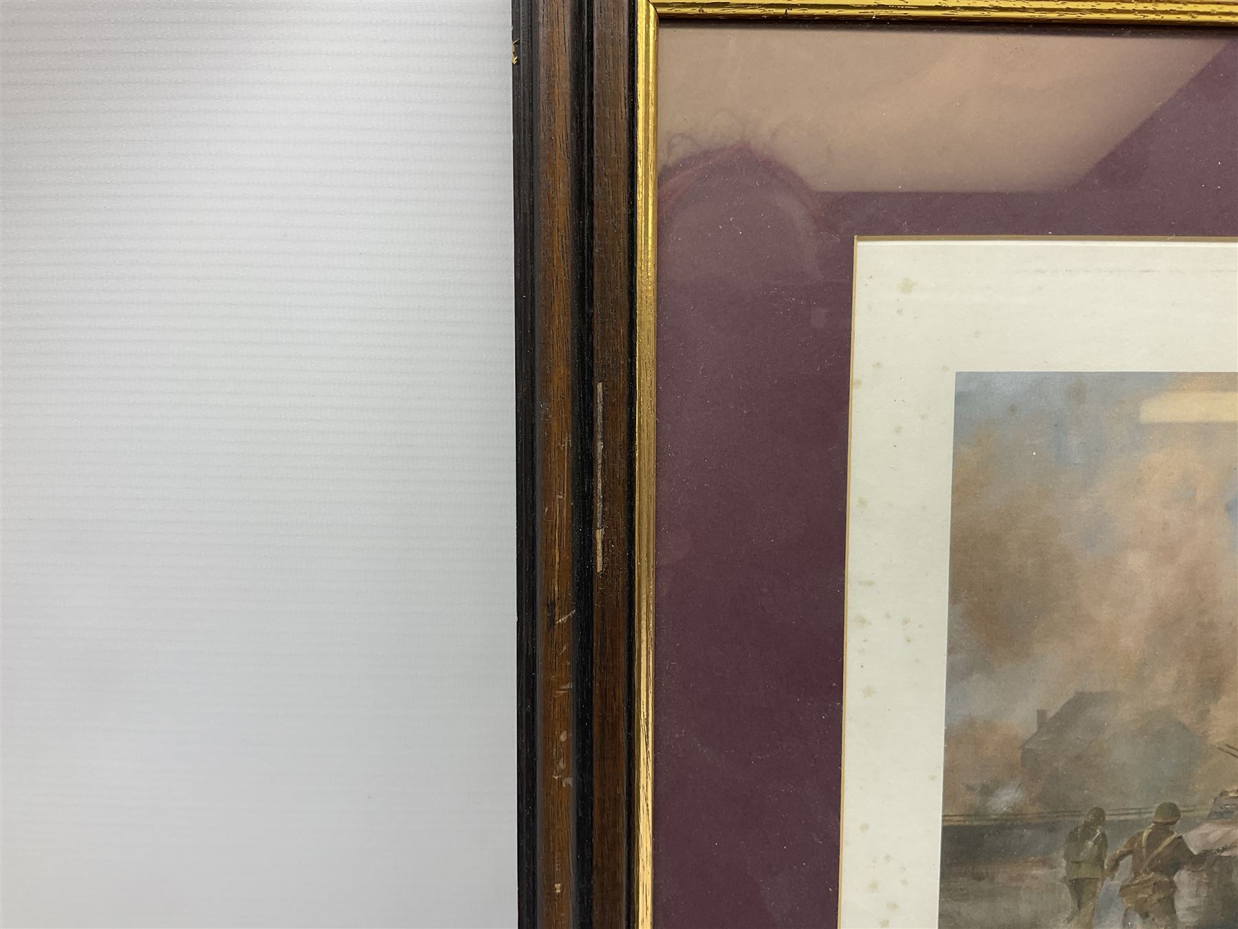 After Alan Fernley, colour print 'The Bridge at Arnhem', signed on the mount, 37 x 50cm; and after John Sellars, colour print 'Pegasus Bridge. Early Morning of D-Day 6th June 1944 Benouville Normandy'; both in mahogany stained frames (2)