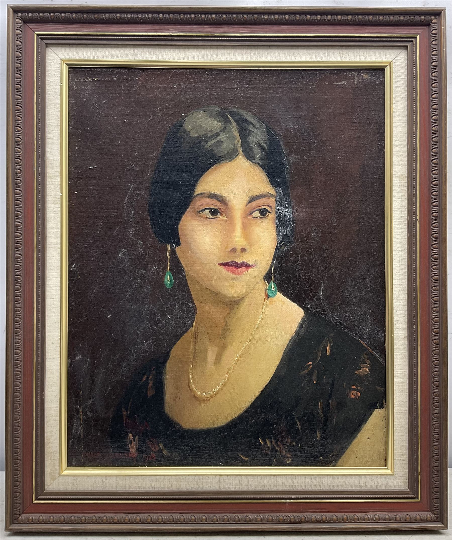 Philip Naviasky (Northern British 1894-1983): Portrait of a Young Lady with Jade Drop Earrings, oil on canvas signed and dated 1928, 49.5cm x 39.5cm