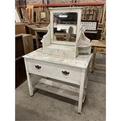 19th century rustic painted pine dressing table, raised swing mirror back over trinket drawer, base with single drawer over undertier, in white finish - THIS LOT IS TO BE COLLECTED BY APPOINTMENT FROM THE OLD BUFFER DEPOT, MELBOURNE PLACE, SOWERBY, THIRSK, YO7 1QY