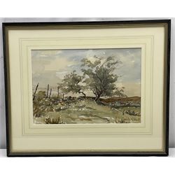 George Richard Lane Fox (1st Baron Bingley) (British 1870-1947): 'The Lake at Wothersome', watercolour unsigned, labelled verso 13cm x 22cm; Joan Ridout (British 20th century): 'Thorn Trees on Dartmouth', watercolour signed 22cm x 32cm; English School (20th century): Tree Landscape, watercolour signed with monogram 25cm x 35cm (3)