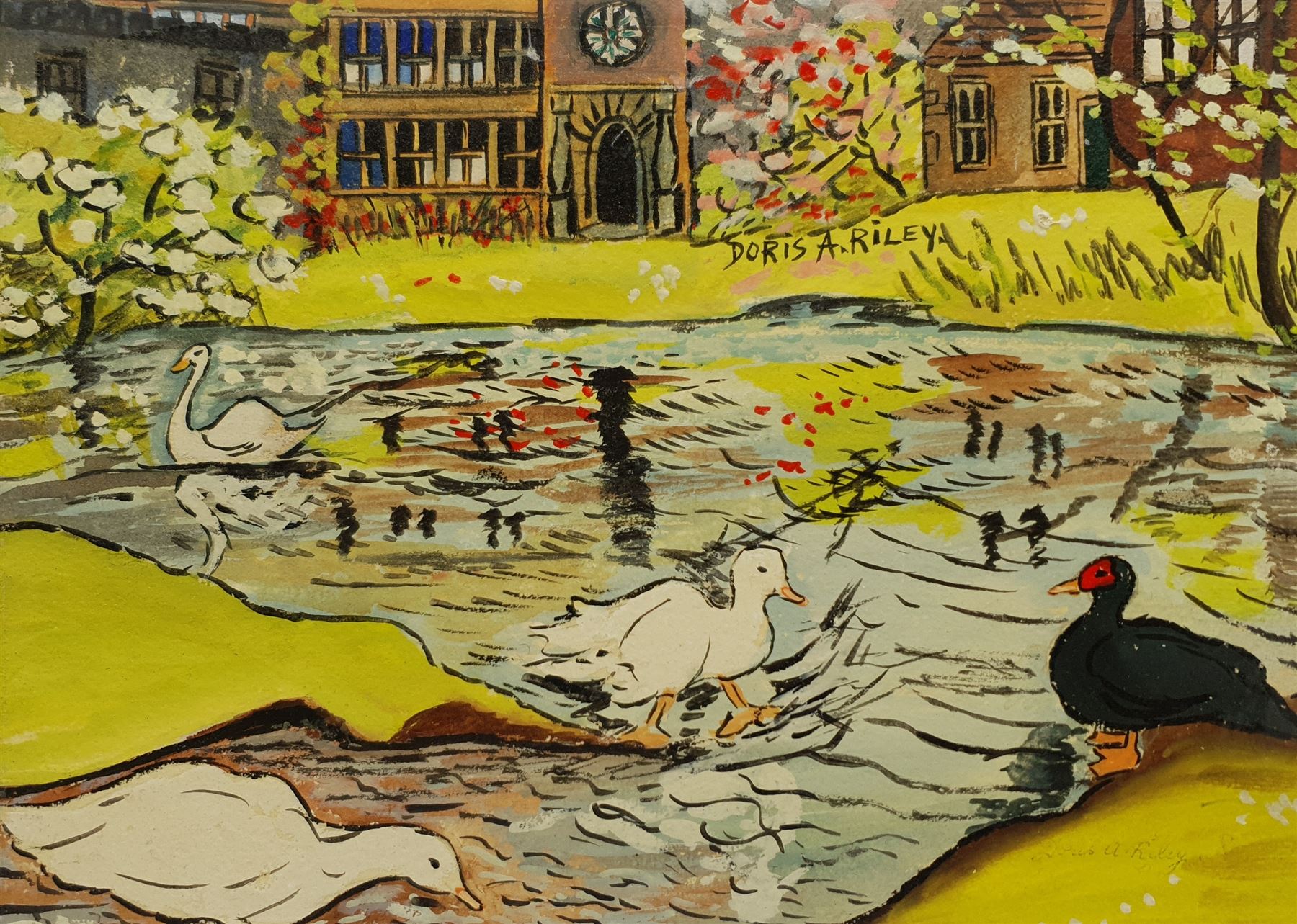 Doris Ada Riley (Northern British 1901-1993): Playtime on the Pond at East Riddlesden Hall, gouache signed 25cm x 36cm
