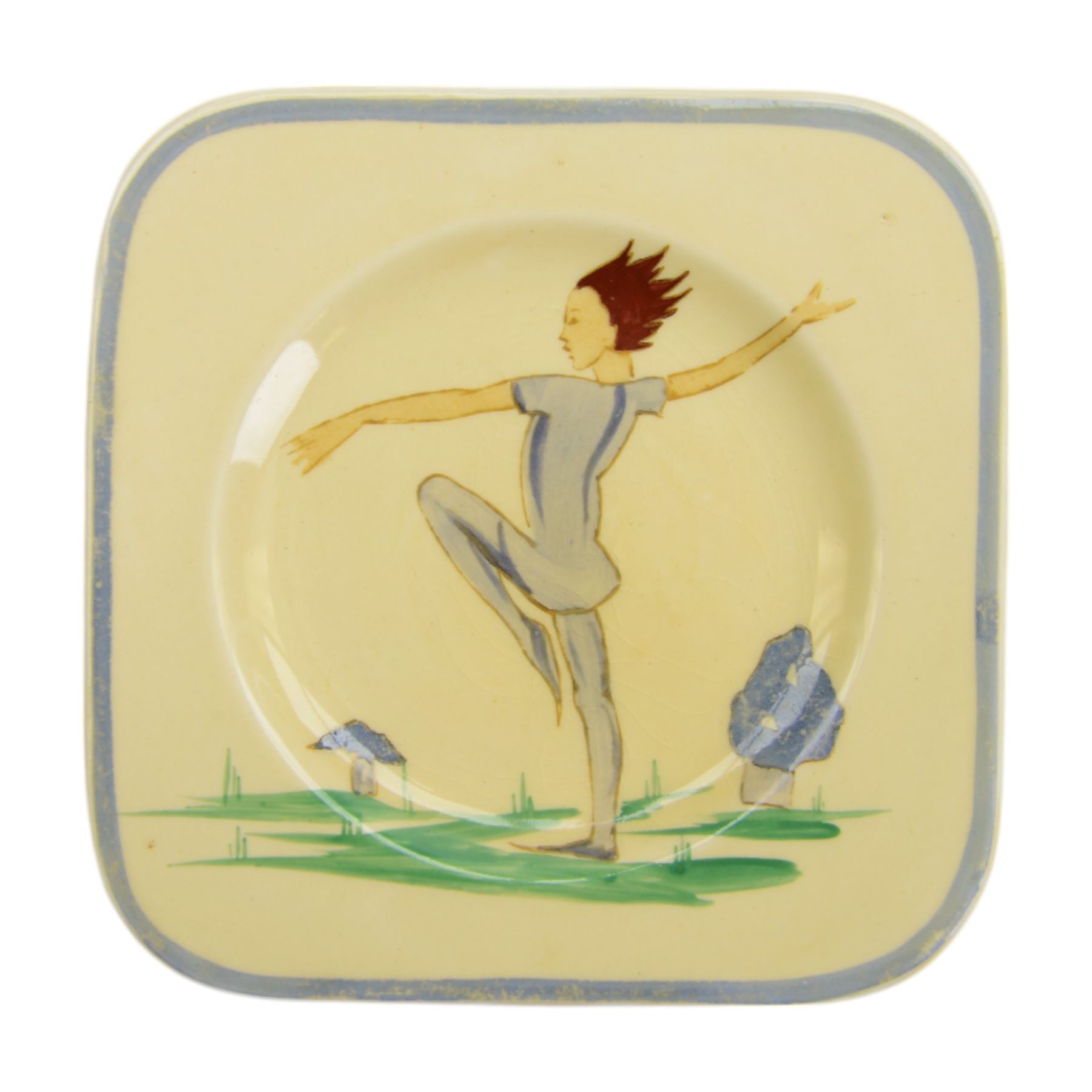 Susie Cooper Puck pattern twin-handled tray and four serving plates, decorated with a dancing figure and toadstools, tray L32cm plates D13cm