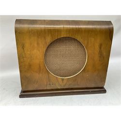 1950s Cossor Melody Maker model 501 UL valve radio, in marbled brown Bakelite case, 1970s ITT KB KP-820 record player, with two detachable speakers forming the lid, Richard Allan Type C810 speaker in walnut veneer case of curved form, H33cm, and another valve radio in black case (4)