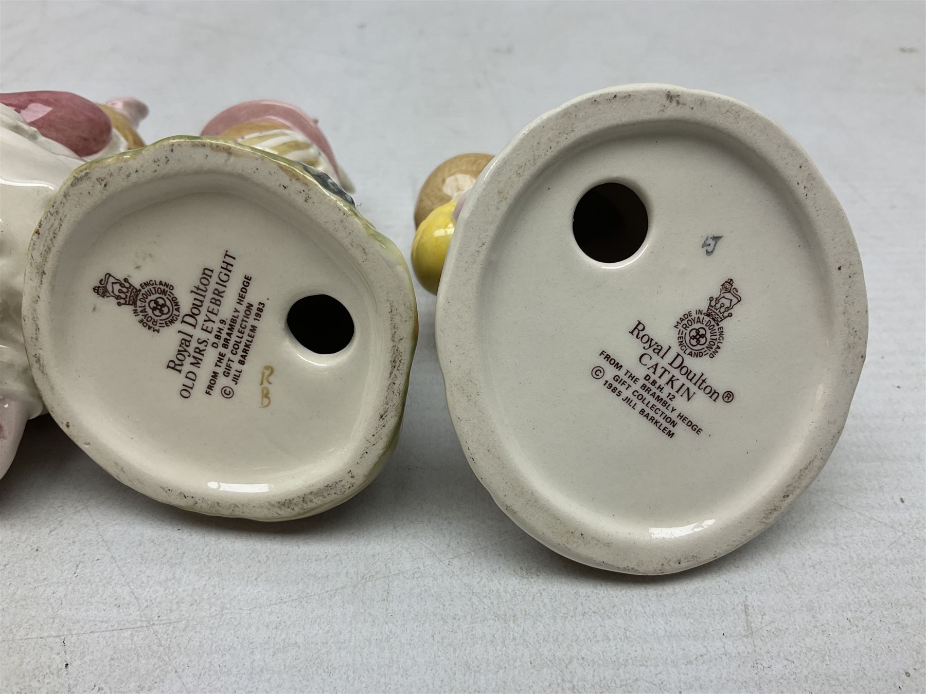 Six Royal Doulton Brambly Hedge figures, comprising Catkin DBH 12, Clover DBH 16, Lord Woodmouse DBH 4, Poppy Eyebright DBH 1, Mr Apple DBH 2, Old Mrs Eyebright DBH 9 and Beswick Beatrix Potter Appley Dapply figure, all with printed marks beneath