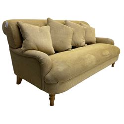 Sofas and Stuff - traditional two seat settee with scatter cushions, on turned oak front feet and splay rear feet