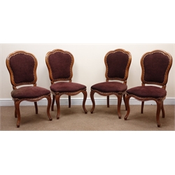  Set four 19th century dining chairs, shaped cresting rail, upholstered back and seat, carved cabriole legs, W51cm  