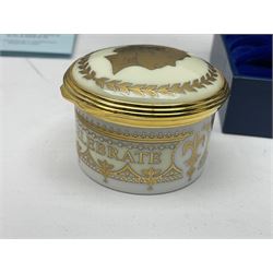 Five Halcyon Days Royal commemorative enamel boxes and one other similar enamel box, including two gilt examples depicting the Queen and Prince Philip in profile, to commemorate their 80th ad 85th birthdays respectively, all boxed, largest D6.5cm