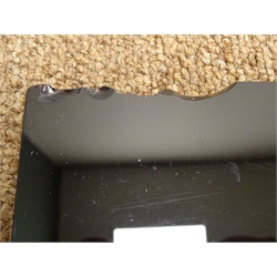  Black vitrolite glass splash back, canted corners with adjustable bevel edge mirror above cup holder and single shelf, W64cm, H84cm mirror  