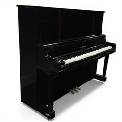 Yamaha model U5 upright piano retailed by Harrods, 88 keys and three pedals within high gloss ebonised case, serial no. 6055292, with Roland black button top piano stool