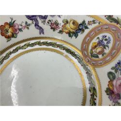 Sèvres soft paste porcelain coffee can and saucer with date code for 1780, painted with pink oval panels bordering bouquets of flowers, united by swags of flowers tied with purple ribbons, within laurel leaf borders, interlaced LL monogram enclosing date letters CC above painters marks for Nicquet, coffee can H7.5cm, saucer D15cm