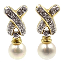  Pair of 18ct gold diamond and pearl cross over pendant ear-rings, hallmarked   
