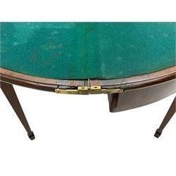 George III inlaid mahogany card table, demi-lune fold-over top with satinwood band and large fan motif, baize lined interior, double gate-leg action base, on square tapering supports with spade feet
