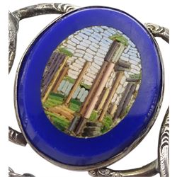19th century micromosaic oval link bracelet, six oval panels depicting classical ruins and one enamel 'britanniarum rex fidei defensor' coin link 