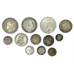 Twelve World coins, including William IIII United Colony of Demerary and Essequibo 1832 one eight guilder, United States of America 1857 quarter dollar, Tunisia 1891 one franc etc 