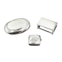 Silver oval shaped snuff box by Henry Williamson Ltd, Birmingham 1919, silver matchbox holder by Horace Woodward & Co Ltd, Birmingham 1907 and silver vesta case hallmarked, approx 4.4oz 