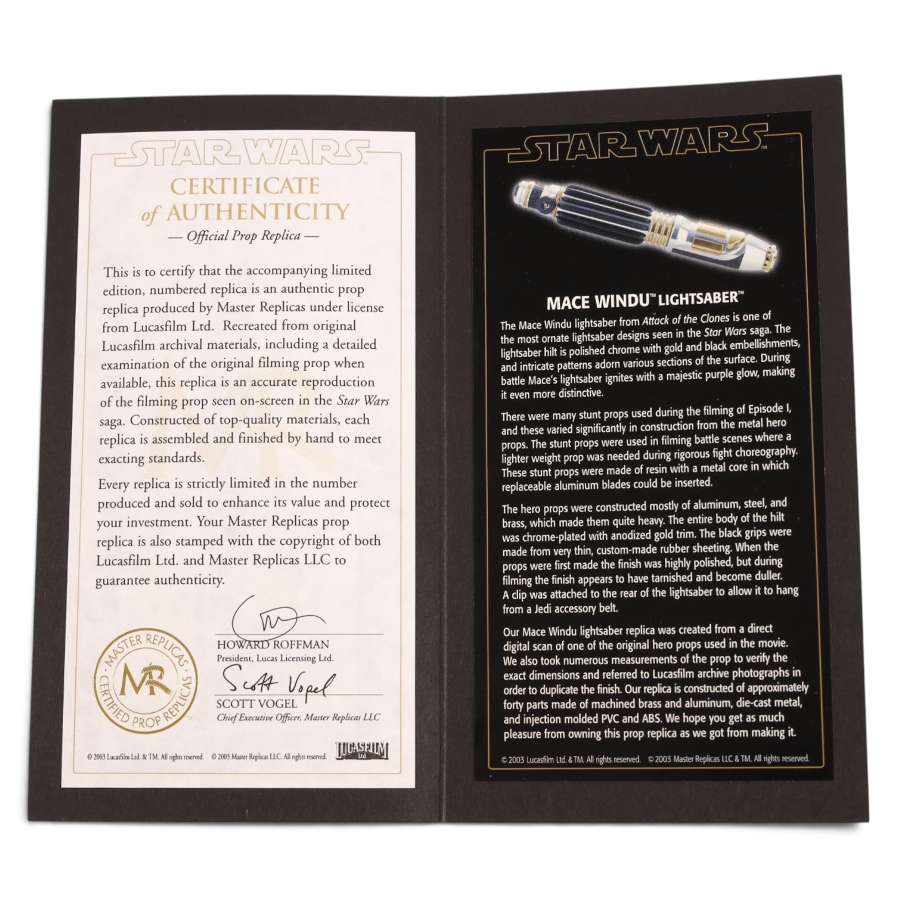 Limited Master Replicas Star Wars Attack of the Clones Mace Windu Lightsaber no. SW-112, 1:1 scale, in box with outer cardboard sleeve, with certificate, separate acrylic display case and plaque, limited edition no. 507/1750