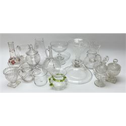 A group of mostly 19th century glassware, to include smoke bell with folded rim, cut glass vase, sugar bowl with part slice cut bowl and knopped stem, pedestal bowl with etched border to rim, documentary marriage jug engraved with date 1899, two cut glass sweet meat jar and covers, vase of squat waisted form with green trailed decoration, etc. 