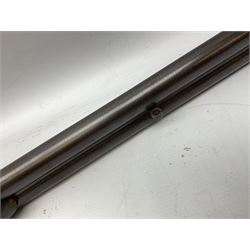 19th century John Jefferson of Scarborough 6-bore (modern 4-bore) double barrel side-by-side percussion gun, with 81cm stub twist damascus barrels (no provision for ramrod), well figured walnut stock with fine chequered grip and fore-end with horn tip and steel butt plate with long tang, well engraved lock and hammers with half-cock safeties on both sides, barrel sling swivel but rear sling swivel removed and replaced with silver escutcheon, London proofmarks, NVN, L128cm