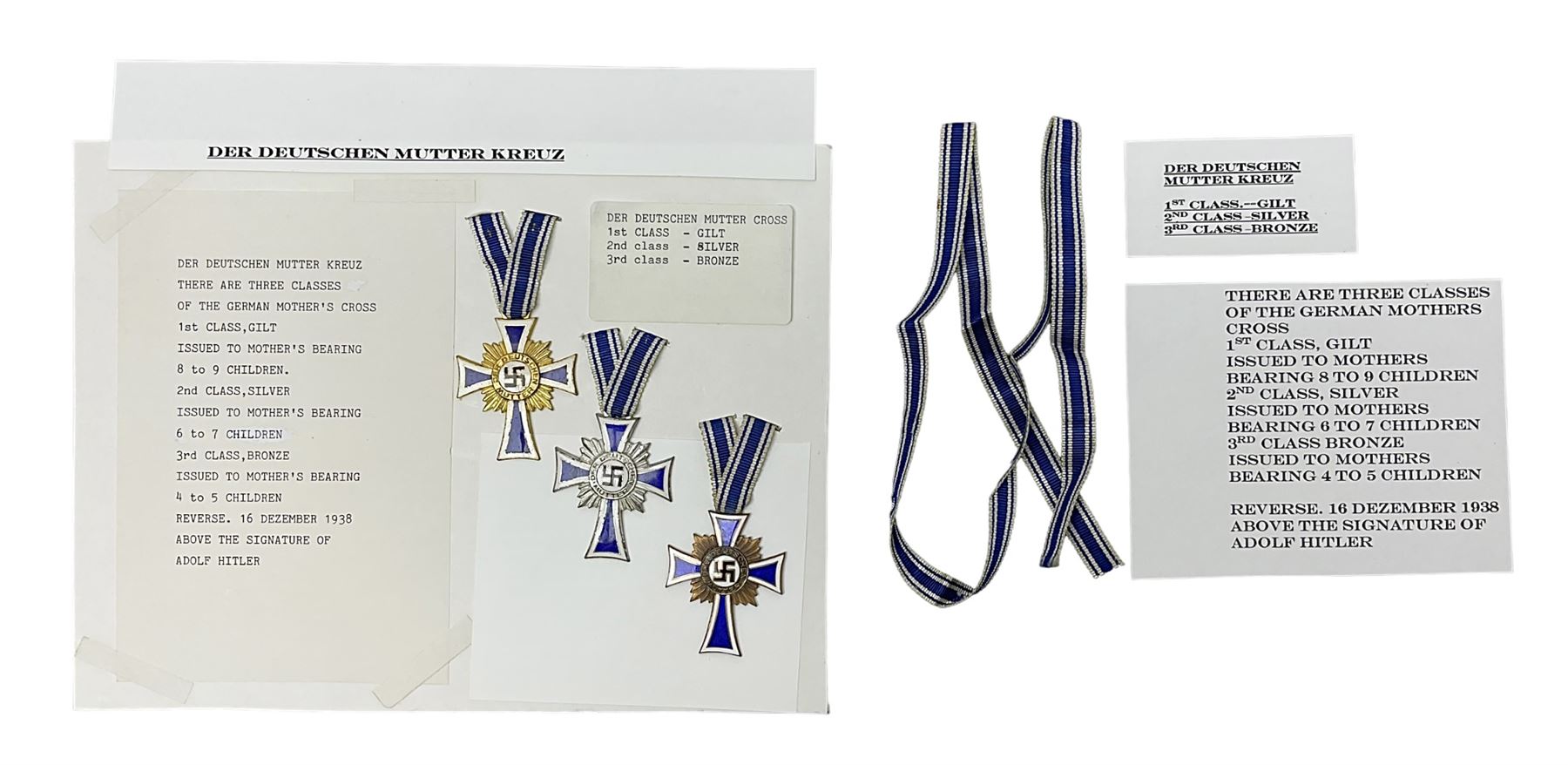 WWII set of three German Mother's Crosses, 1st Class in gilt, 2nd Class in silver and 3rd Class in bronze; all with ribbons (3)