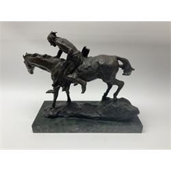 Stylised bronze figure group modelled as a Native American on horseback, upon naturalistically modelled base, indistinctly signed, and rectangular plinth, overall H31.5cm L36.5cm