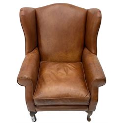 Laura Ashley - wingback armchair, upholstered in brown leather, on cabriole front feet