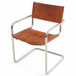 Pieff - circa. 1970s chrome framed armchair with black leather upholstered cushions (W60cm); together with a mid-20th century chrome framed chair in the manner of Mart Stam (W55cm)