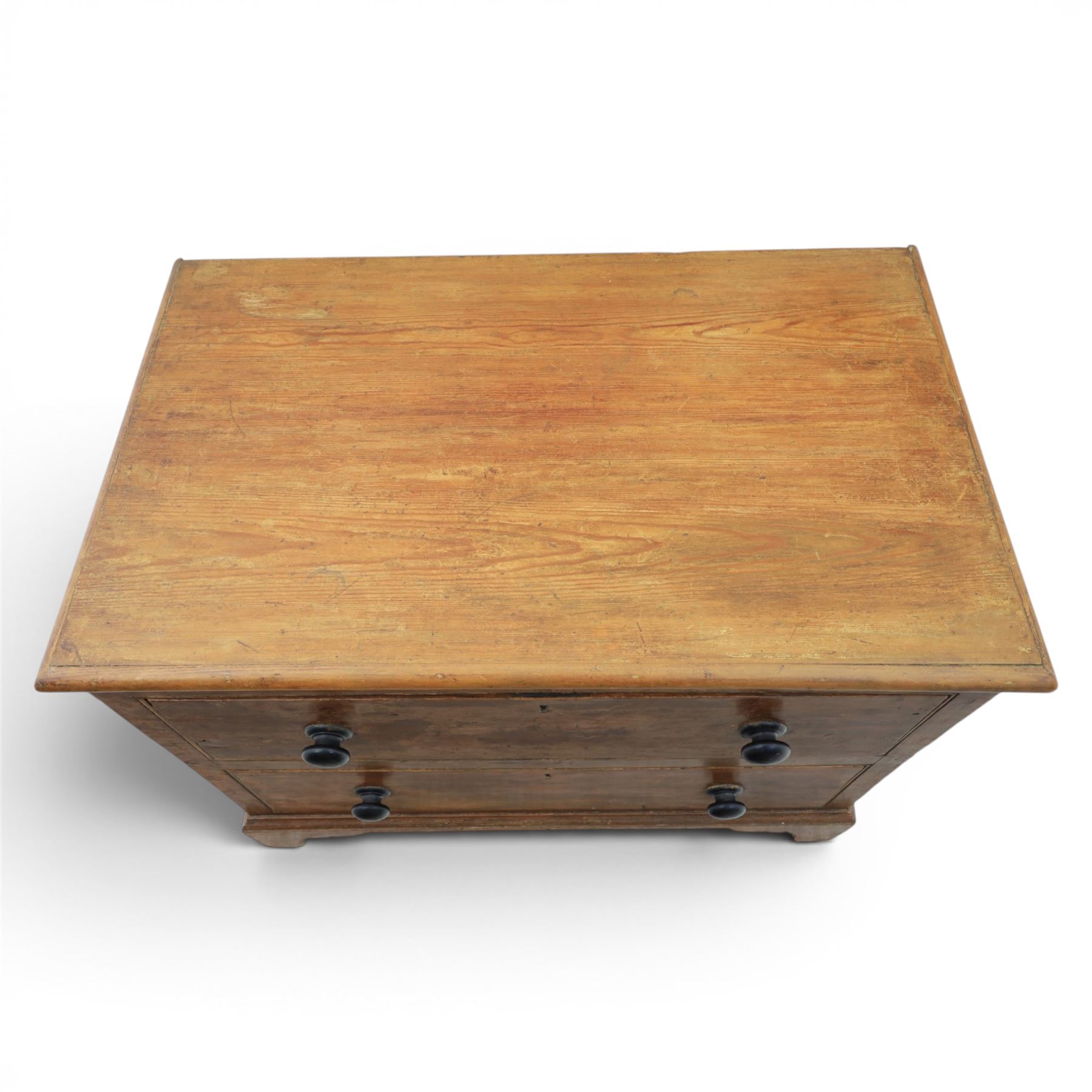 Victorian stained pine converted chest, fitted with two drawers, twin carrying handles, raised on bracket feet