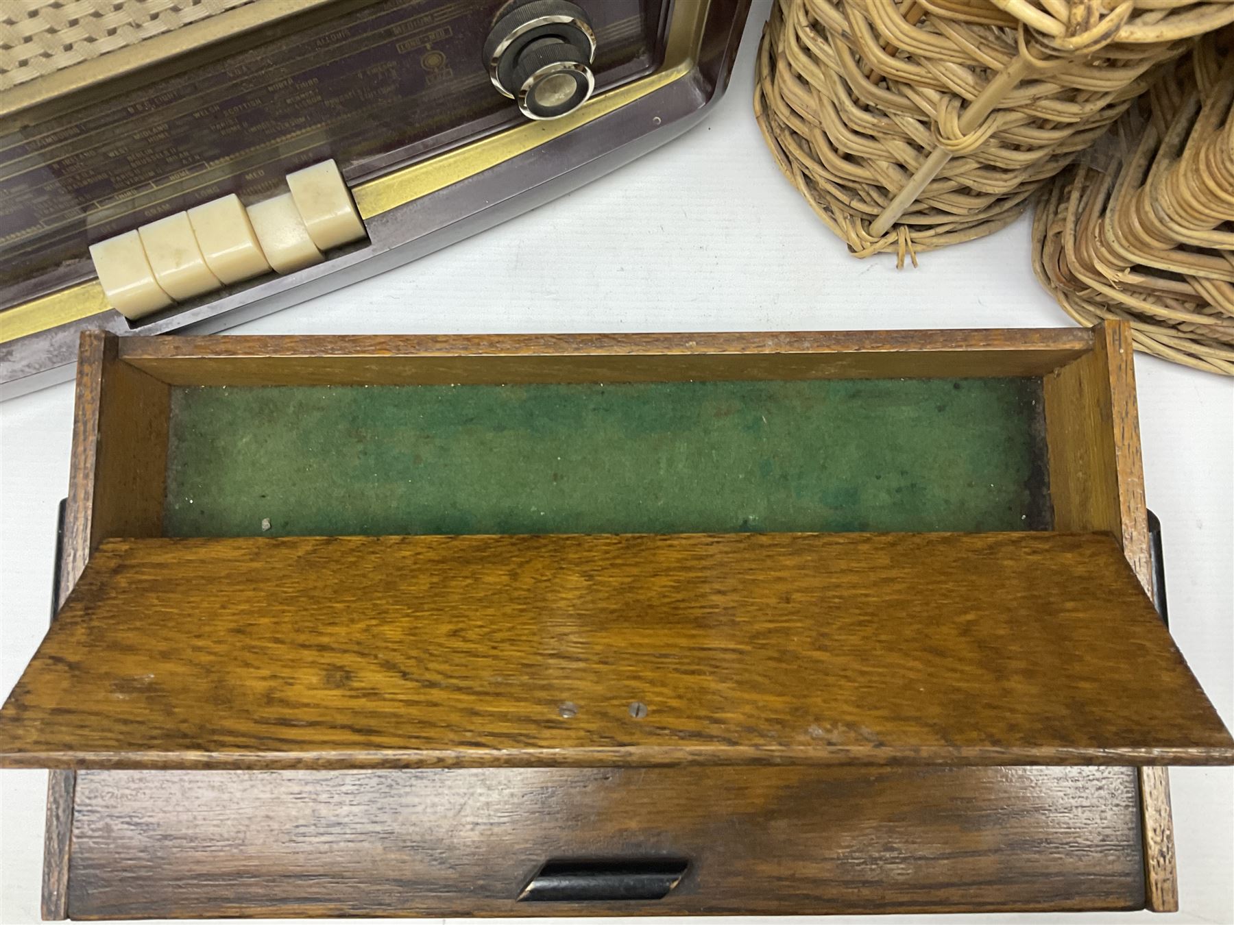 Early 20th century burr walnut tea caddy, Art Deco wooden box, wicker basket with bottle holders and a 1950s Stella radiogram