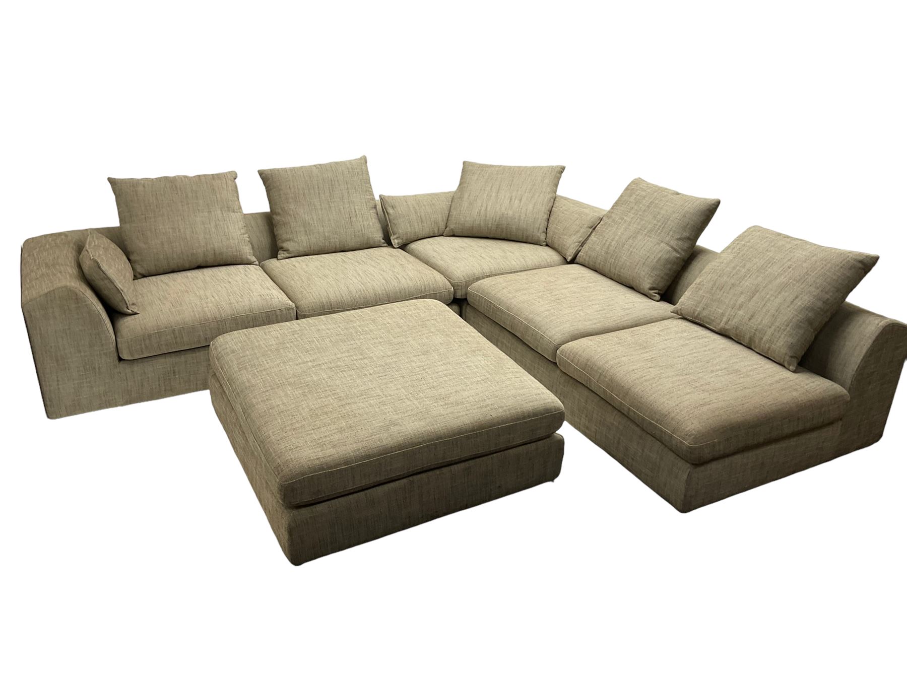 Contemporary corner sofa upholstered in grey fabric (310cm x 282cm); with matching rectangular footstool (110cm x 110cm)
