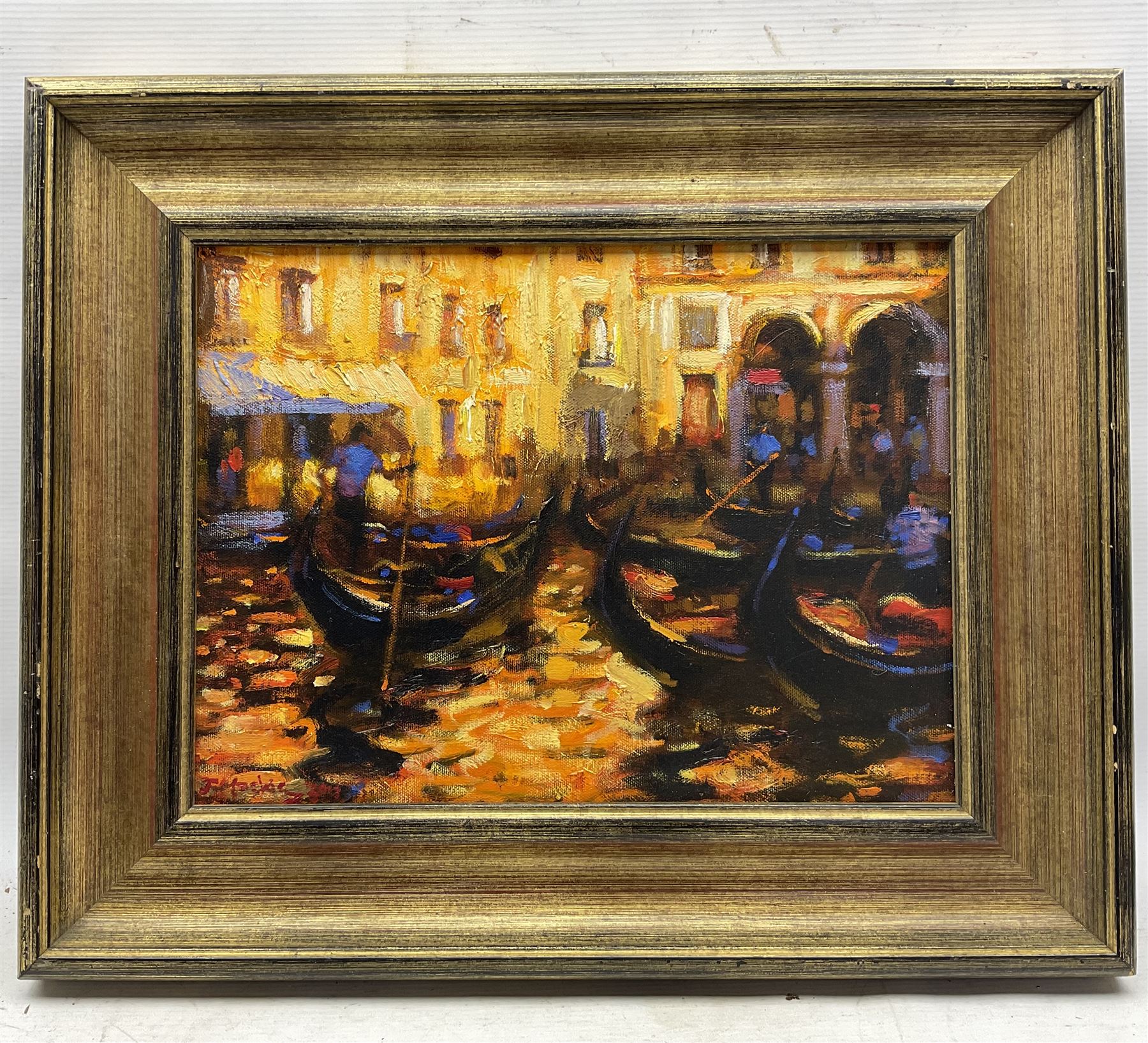 John Mackie (Scottish 1953-): 'Gondolas - Venice', oil on canvas signed and dated 2013, 28cm x 38cm 