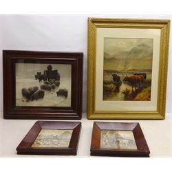  After Edward Douglas (British 1848-1914): Feeding the Sheep, print in heavy mahogany frame, Highland Cattle, Highland Cattle, 19th/20th century chromolithograph and  two other etchings max 50cm x 40cm (4)   