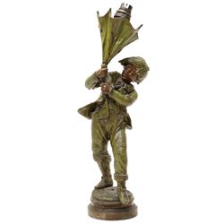 After Louis Auguste Moreau - The Gust of Wind, bronzed figure holding an umbrella, adapted...