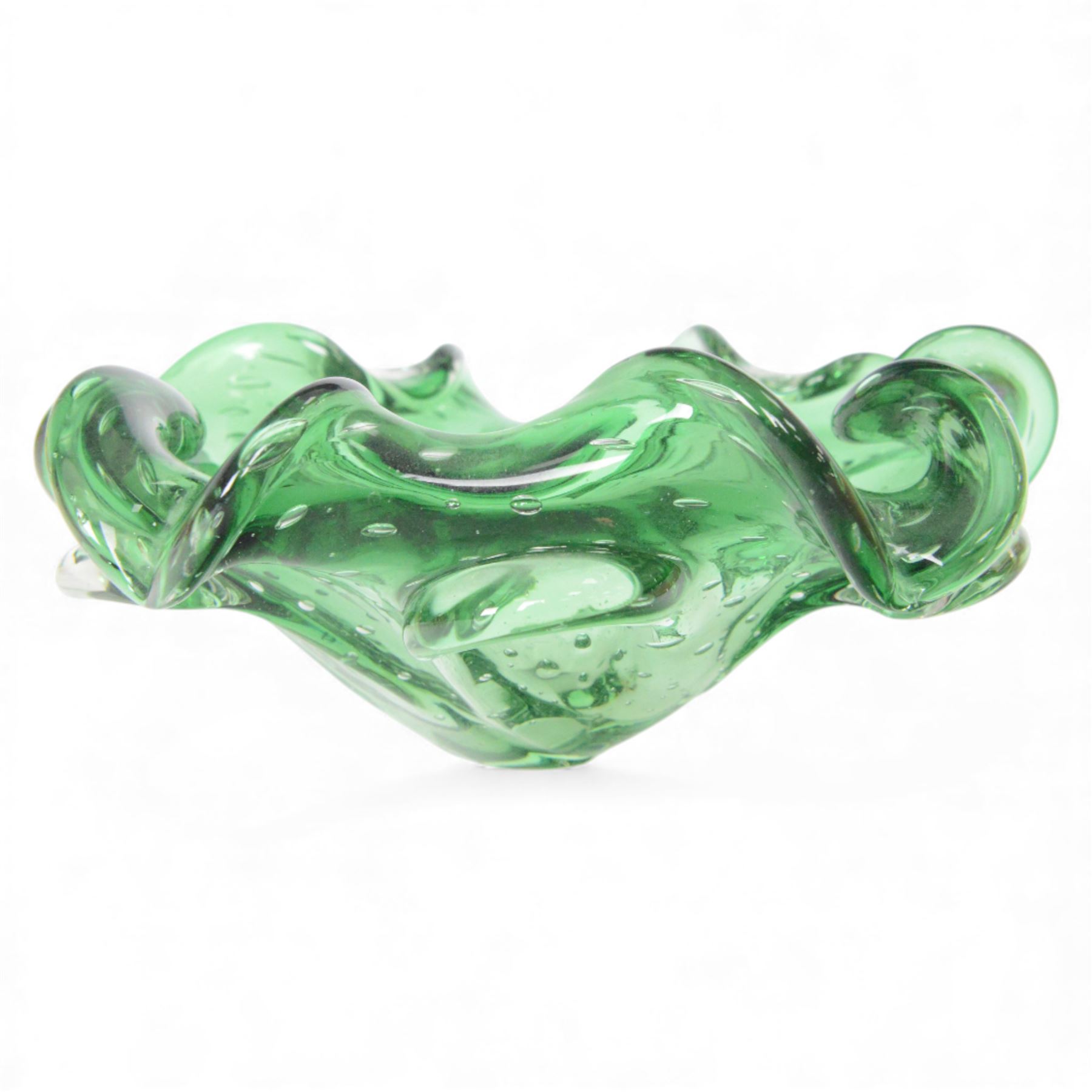 Collection of art glass, including star dish, flower example with bubble inclusions 