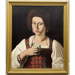 Donald Watson (Northern British 1922-) after Caravaggio (Italian 1571-1610): 'Portrait of a Courtesan', oil on board signed and dated 1990 verso 59cm x 49cm 
Notes: the original was destroyed in Berlin in 1945