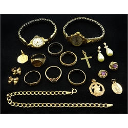  9ct gold rings, bracelet and earrings, 9ct gold stone set rings, 15ct gold pendant, all stamped or hallmarked, two 9ct gold wristwatches on expandable plated straps and other jewellery  