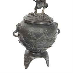 Pair of Japanese bronze koro, raised upon three feet, he body of the koro decorated with figures and animals, the cover mounted with figures, H24cm