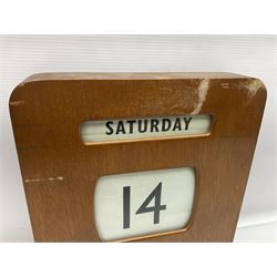 Wooden wall mounted perpetual calendar with printed rollers and chrome plated knobs to side, H30cm W27cm
