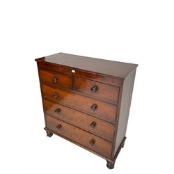 Late 19th century mahogany straight-front chest, fitted with two short and three graduating long drawers, all with cockbeading, raised on turned supports