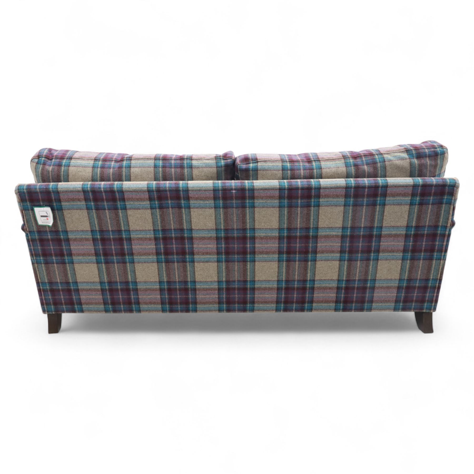 John Lewis - contemporary two seat sofa, upholstered in multicoloured check pattern fabric with removable seat and back cushions, gently scrolled arms and low square feet