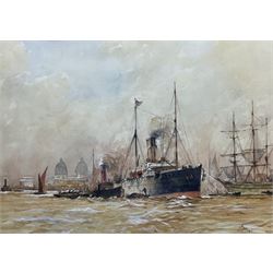 After Charles Edward Dixon (British 1872-1934): Shipping off Greenwich, mid 20th century watercolour indistinctly signed 35cm x 49cm