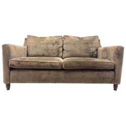 Duresta - three piece 'Finsbury' lounge suite comprising one three-seat sofa, a two-seat sofa and armchair, upholstered in mink coloured velvet, with box seat cushions and deep seat over tapered arms on short stained bun feet (Three seat H 80cm, W 207cm, D105cm, two seat H80cm, W168cm, D105cm, armchair H80cm, W89cm, D105cm)    