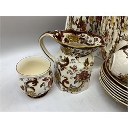 Masons Brown Velvet pattern tea and dinner wears, to include eight dinner plates, eight twin handled soup bowls and saucers, eight tea cups and saucers, cheese cover and plate, jug, meat platter etc (84)  