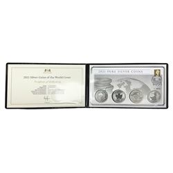 Four one ounce fine silver coins, forming the '2021 Silver Coins of the World Cover', comprising 'Maple', 'Philharmonic', Krugerrand' and 'Britannia', in Harrington and Byrne folder