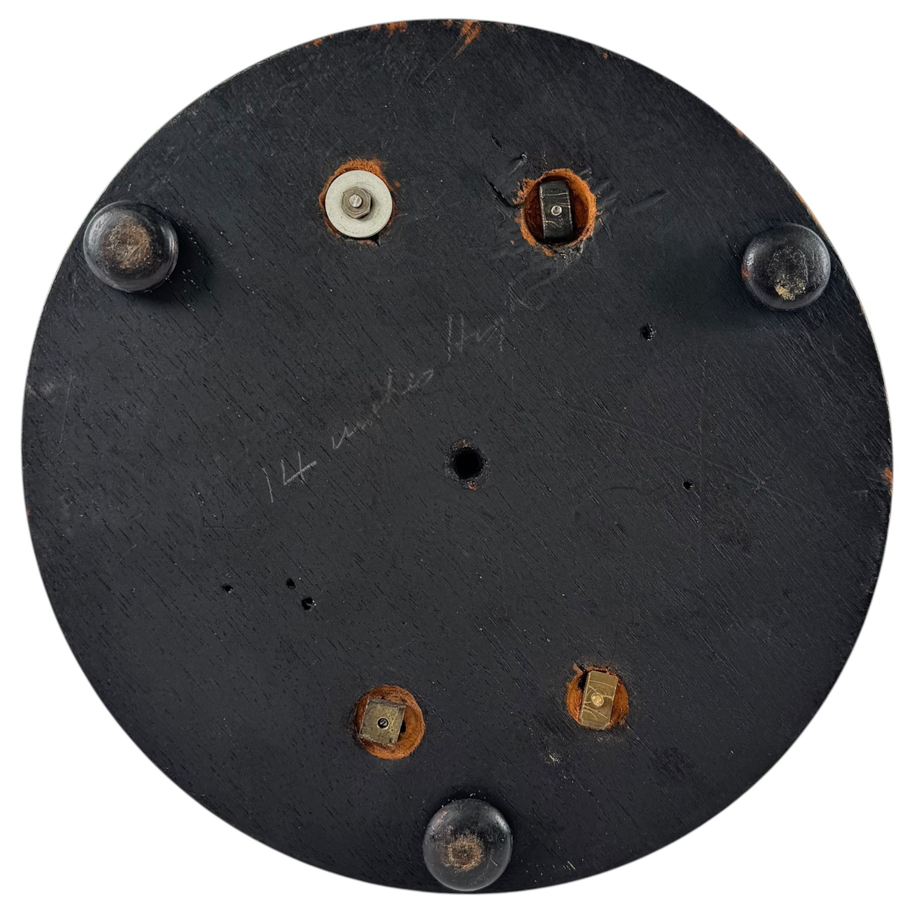 Brass skeleton clock, the single fusee movement with silvered Roman numeral dial, upon an ebonised circular base, missing the glass dome, H32cm