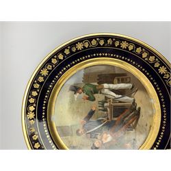 19th century Rihouet Paris porcelain cabinet plate, decorated with a central panel illustrating three French soldiers around a bottle laden table, one surveying a note, within a dark blue gilt detailed border, with French inscription verso, and red printed mark Rihouet Rue de la Paix A Paris and green fish mark, possibly for Perche, D23cm 



