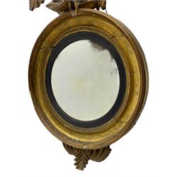 Regency circular giltwood and gesso wall mirror, the large eagle with serpent in talons on naturalistic base, circular frame with foliate decoration and moulded ebonised inner slip, plain glass plate, mounted by scrolled foliate lower carving 