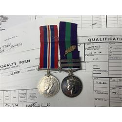 George VI General Service Medal with two clasps for Palestine 1945-48 and Cyprus and MID oak leaf awarded to 14887162 Sjt. C.F.A. Lloyd R.A.M.C. together with WW2 War Medal 1939-1945; both with ribbons; and quantity of photocopied research material including Army Records and London Gazette